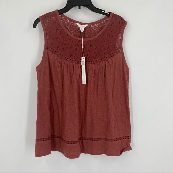 Caslon Women’s Scoop Neck Sleeveless Lace and Eyelet Detail Brown Blouse size M - Picture 1 of 3